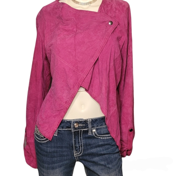 Elements by Vakko 100% Goat Suede Fusia Shacket, Asymmetrical Hem, size M - Picture 2 of 11